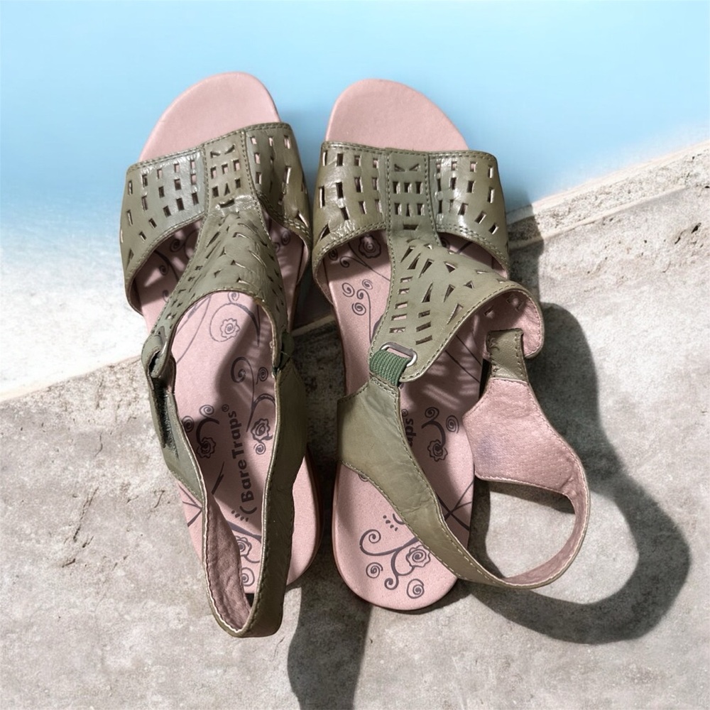 BareTraps Olive and Pink Laser-Cut Slingback Sandals for Women